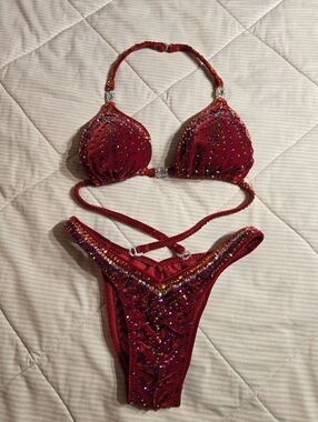 Fully Bedazzled Red Velvet Competition Bikini For Bodybuilding Fitness